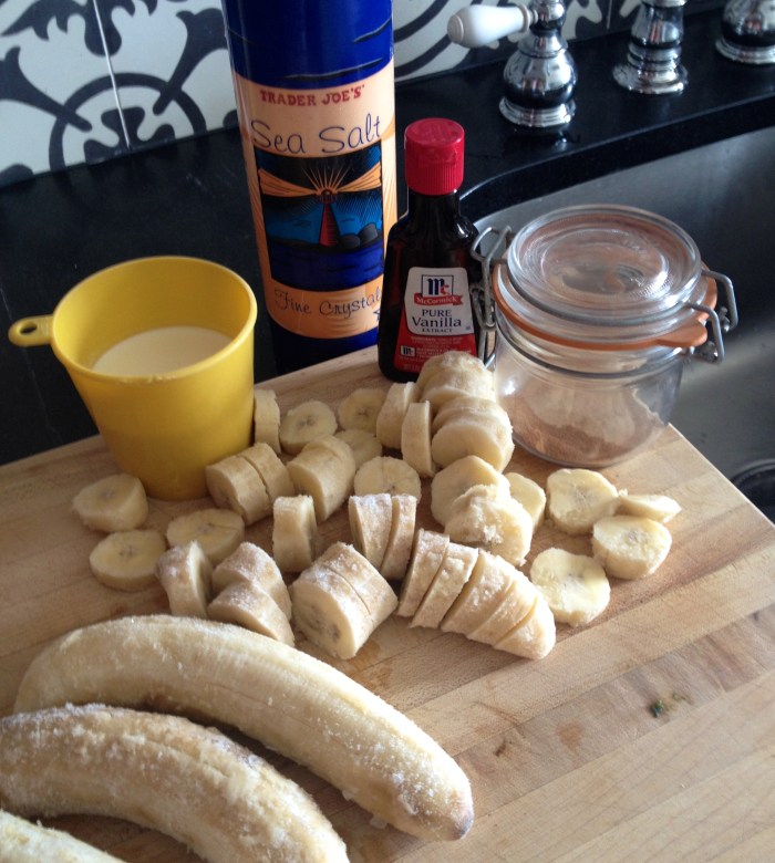 Another version of using frozen bananas as ice cream: Add milk, vanilla, cinnamon and a pinch of salt. Blend in a food processor. Consume.