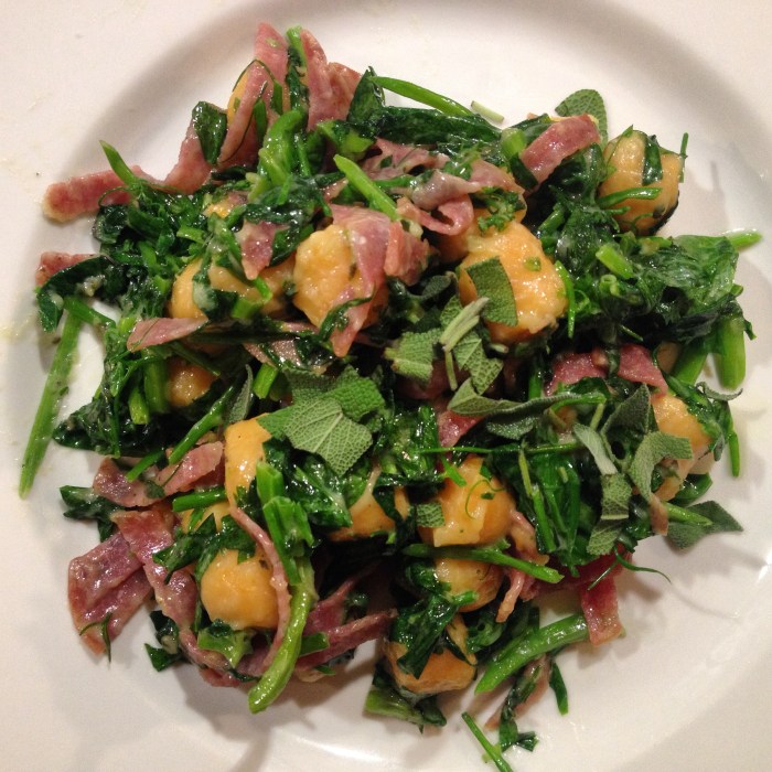 Sweet potato gnocchi, Hungarian salami and spinach with our homegrown sage for a sage-butter sauce. Photo by Amy Sowder.