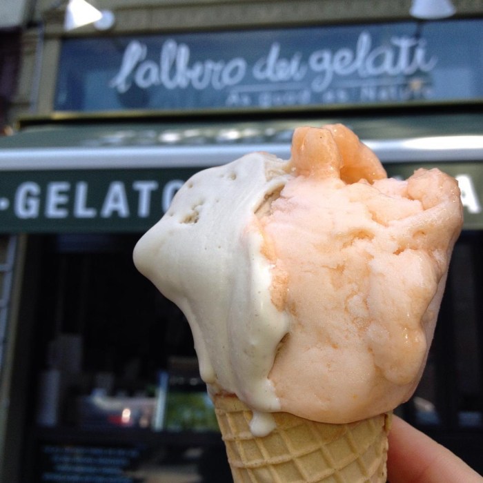 Hazelnut and organic local cantaloupe gelato waffle cone from L'Albero Dei Gelati in Park Slope, Brooklyn, NYC.