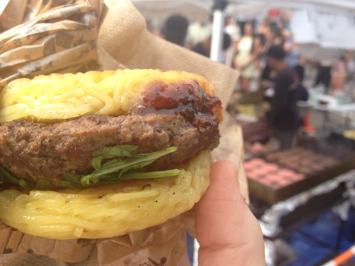 The much-hyped Ramen Burger, available at Smorgasburg for $9. Photo by Amy Sowder.